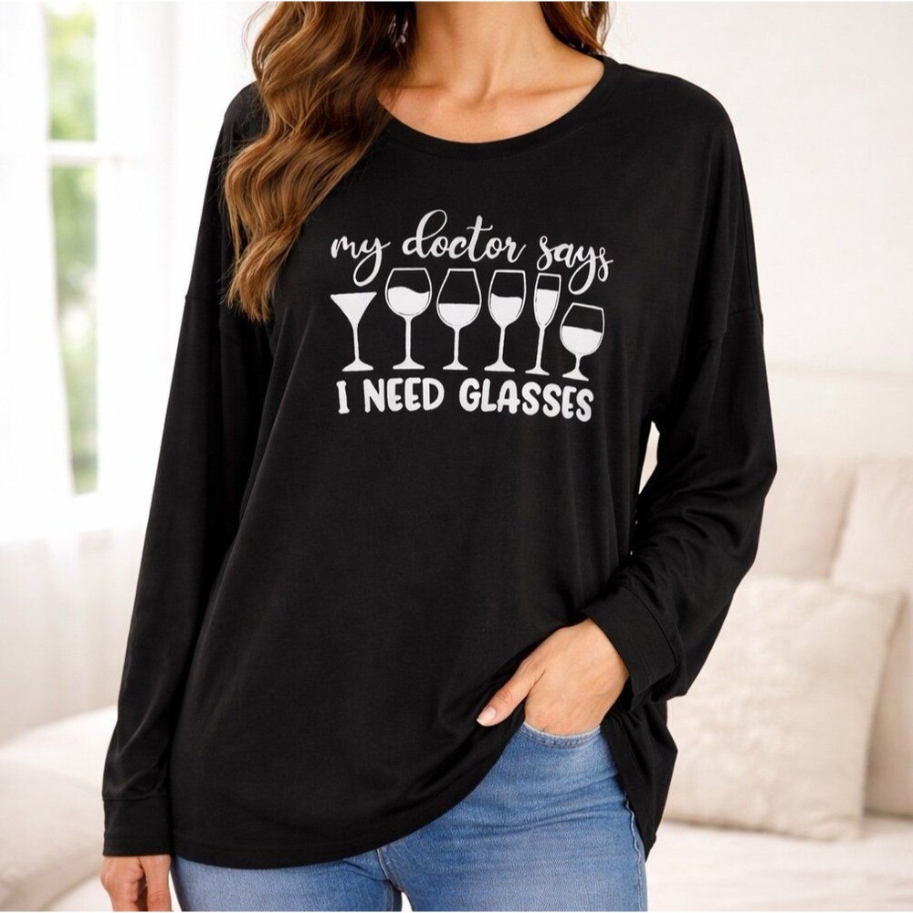 C.O.Z.Y. Black Long Sleeve "I Need Glasses" Wine Graphic Tee NWT Women’s XL